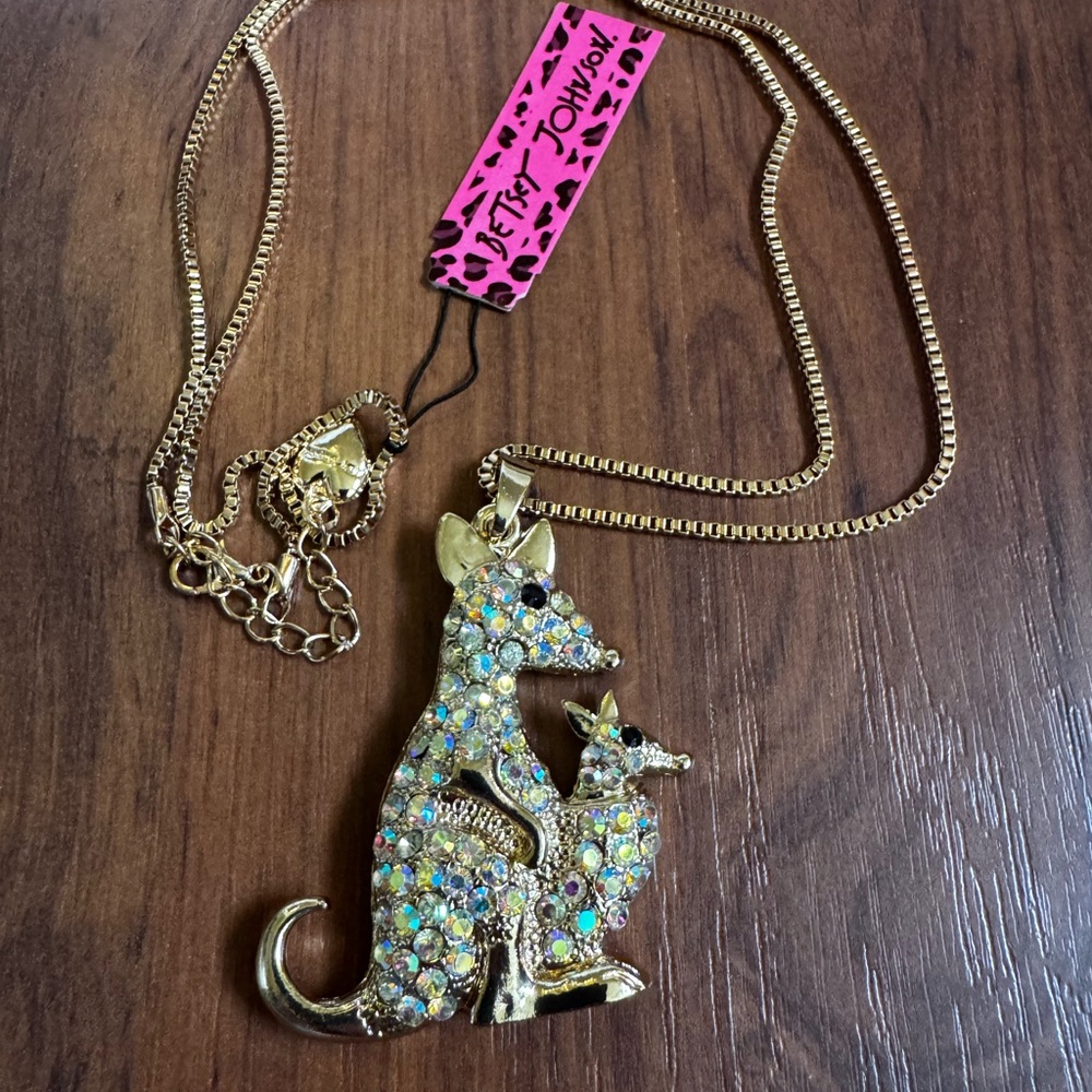 Betsey Johnson Gold Kangaroo With Joey Pendant Necklace Rhinestone Bling